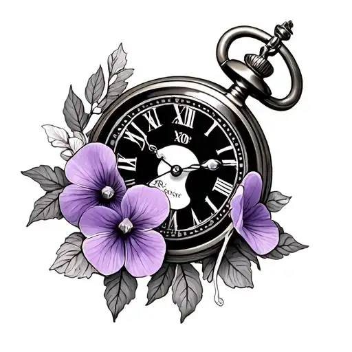 New School Pocket Watch Tattoo With Violets And Primroses