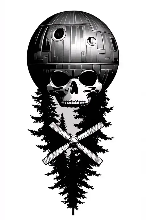 Forest With The Death Star And Tie Fighters