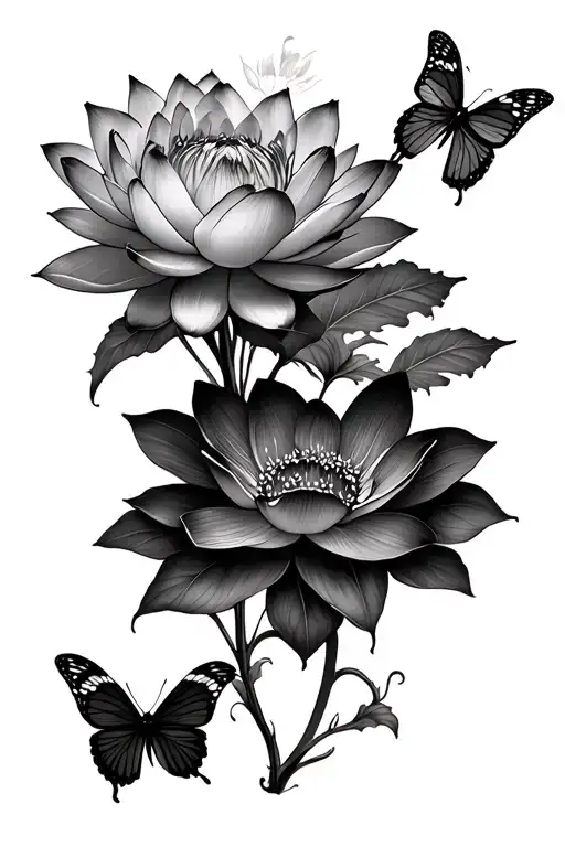 Flowers And Lotus Flower And Butterflies