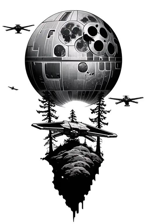 Forest Landscape With The Death Star As The Moon And Tie Fighters Flying