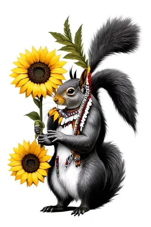 Grey Indian With Big Tail Squirrel Holding Sunflower
