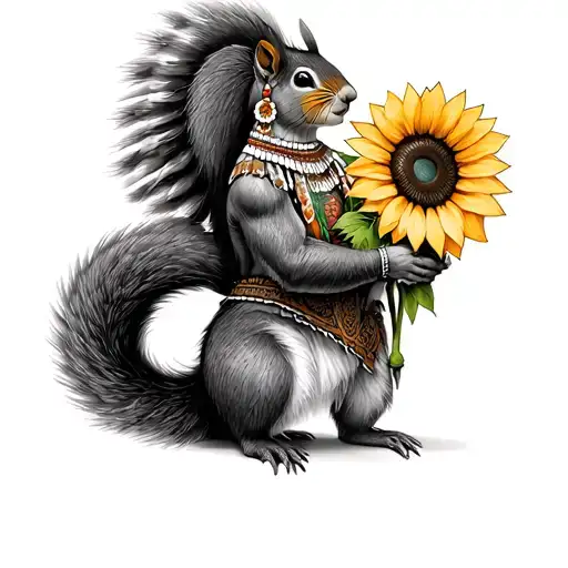 Grey Indian With Big Tail Squirrel Holding Sunflower