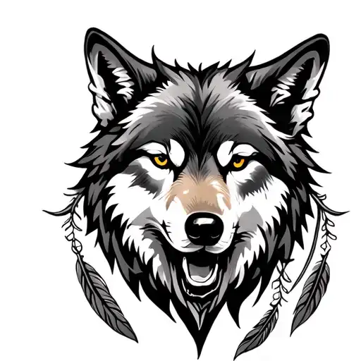 Wolf Head Feathers Hanging