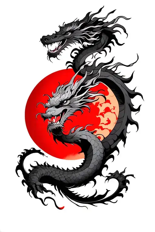 Japanese Red Sun And Dragon Emerging