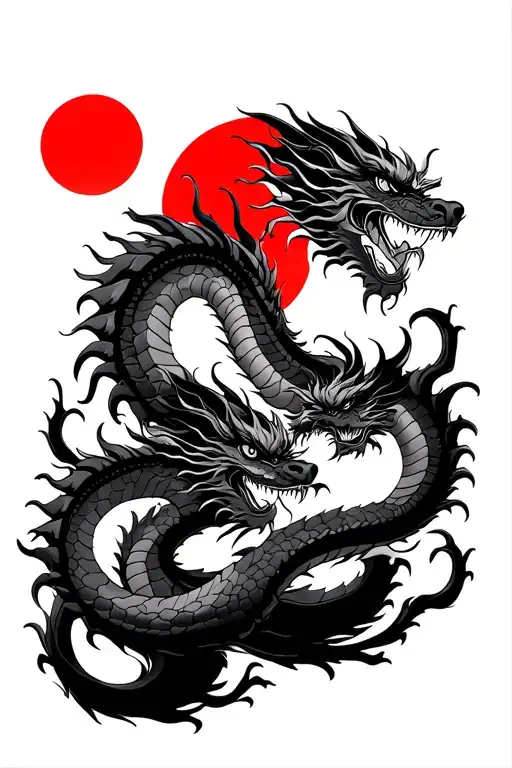 Japanese Red Sun And Twin Dragons