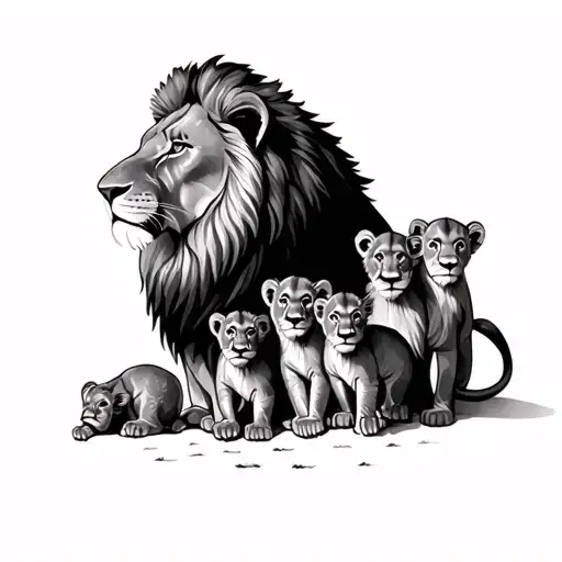 Lion With 4 Cubs