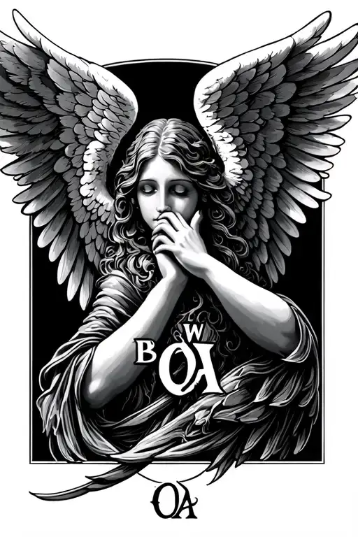 Angel Wings With Hands Holding With The Initials Bw And Oa On Each Side