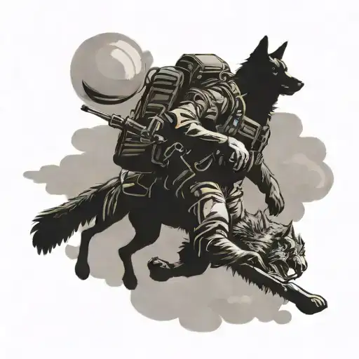 A Silhouette Of A Parachuting Airborne Soldier With A Wolf Running Below