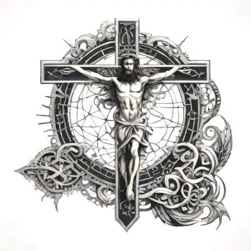 An Abstract Representation Of Jesus On The Cross Made Of Intricate Scientific Symbols And Equations