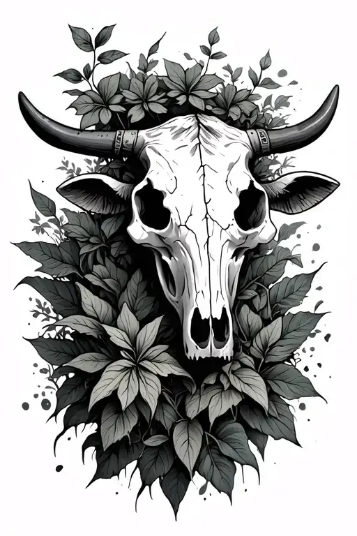 Western Cow Skull With Plants Growing From A Broken