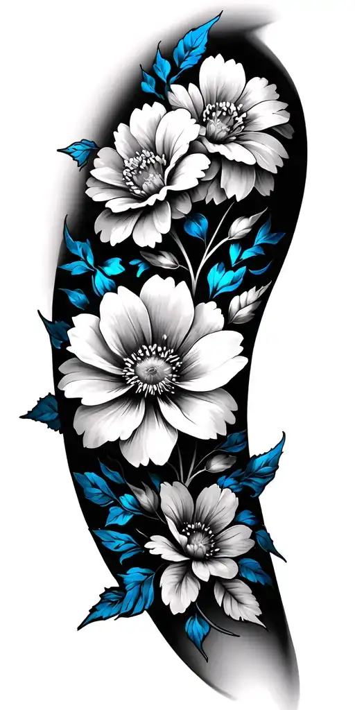 Flower Sleeve Black And Grey With Some Blue Line Work Here And There