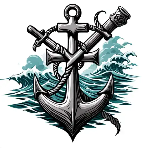 Cross With Anchor And Skie And Ocean Waves