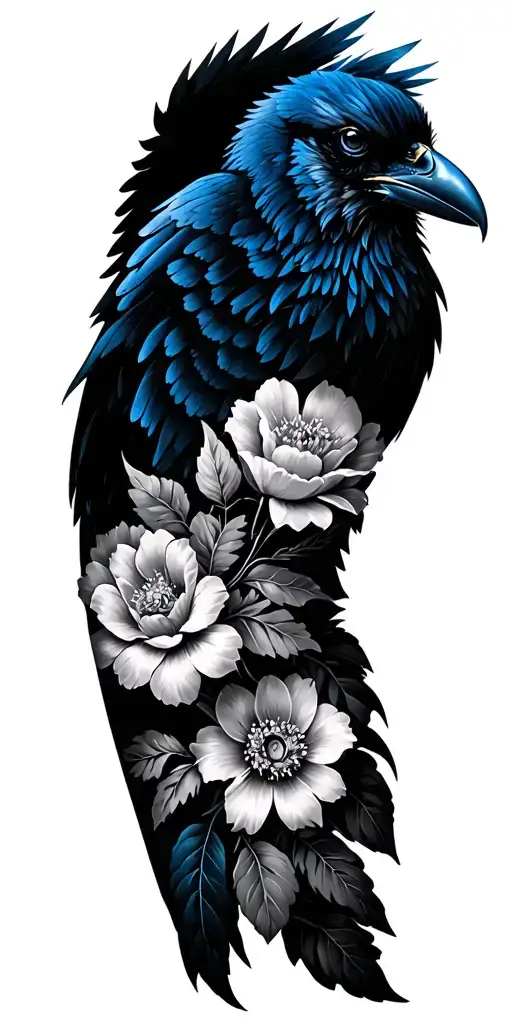 Flower Sleeve Black And Grey With Some Blue Line Work Here And There And Raven Wings