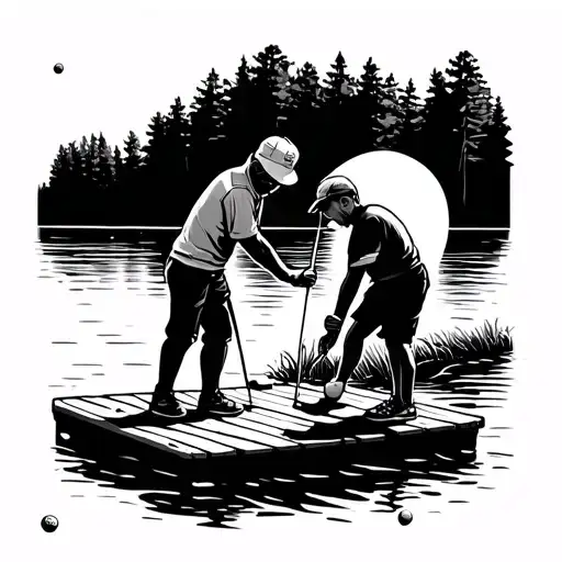 Kid And Grandpa Hitting Golf Ball Off Dock