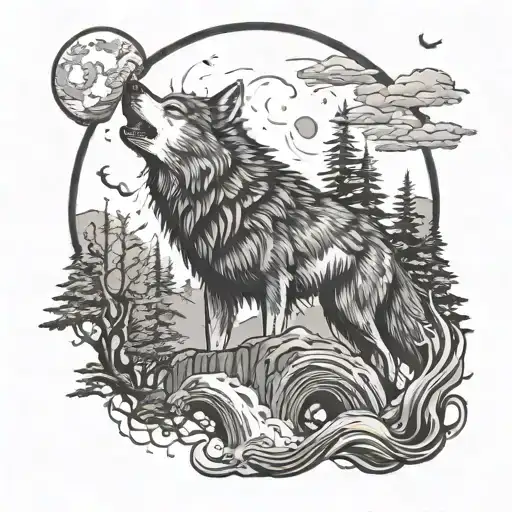 A Wolf Howling At The Moon In A Dense Forest Setting With A Hidden Waterfall In The Background