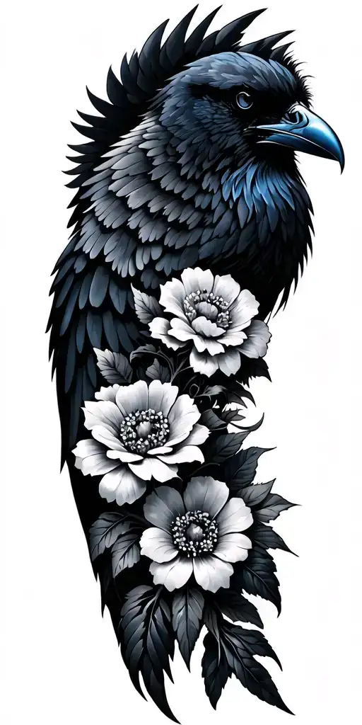 Flower Sleeve Black And Grey With Some Blue Line Work Here And There And Raven Wings