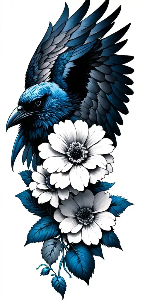 Flower Sleeve Black And Grey With Some Blue Line Work Here And There And Raven Wings