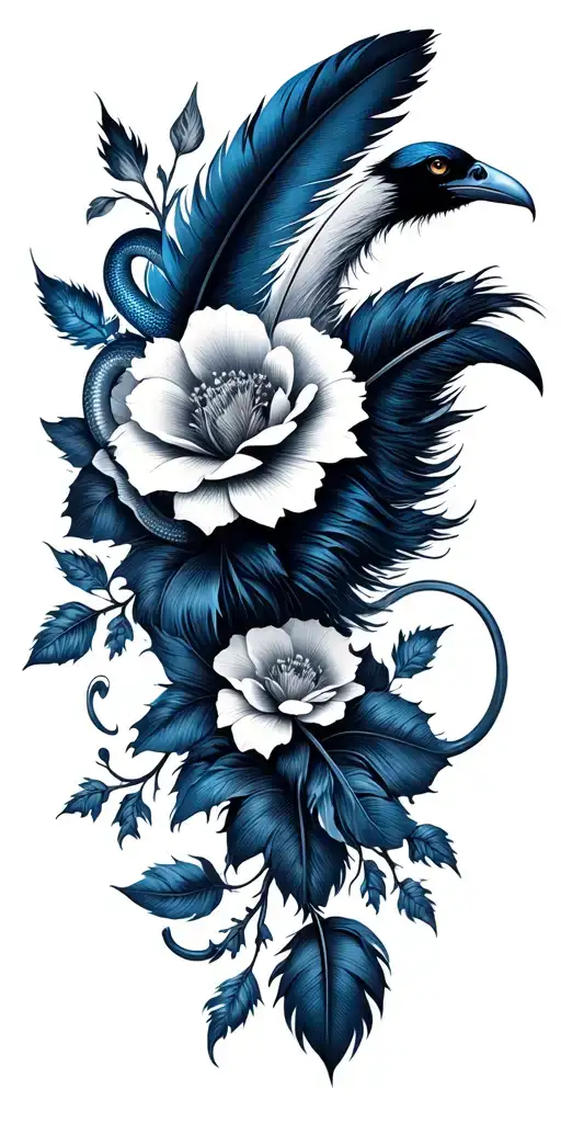Black And Grey Floral Sleeve With A Small Blue Snake And A Raven Feather