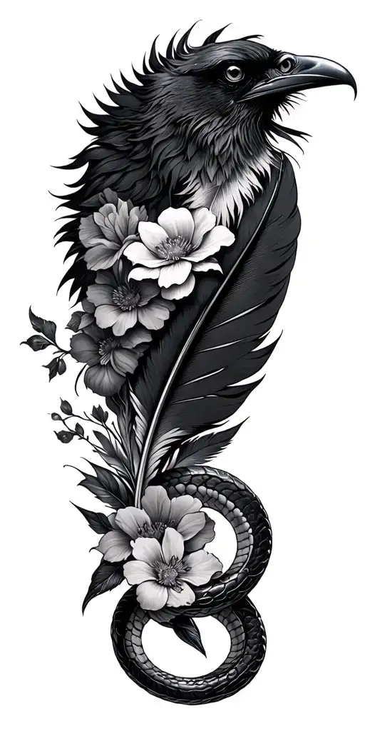 Black And Grey Floral Sleeve With Raven Feather And A Small Snake Intertwined