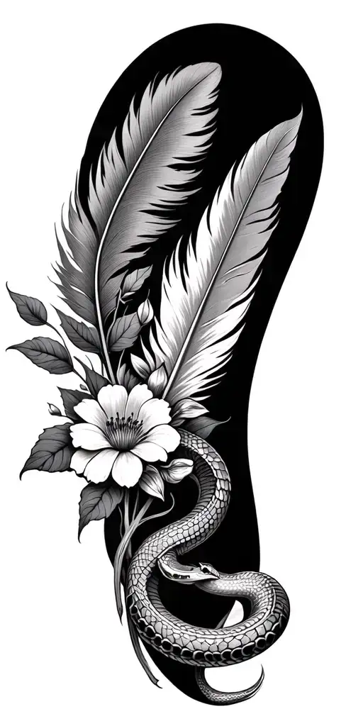 Black And Grey Floral Sleeve With A Feather And A Small Snake Intertwined