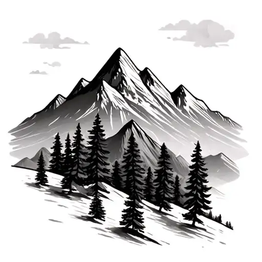 Mountain Range With Pine Trees In Front View