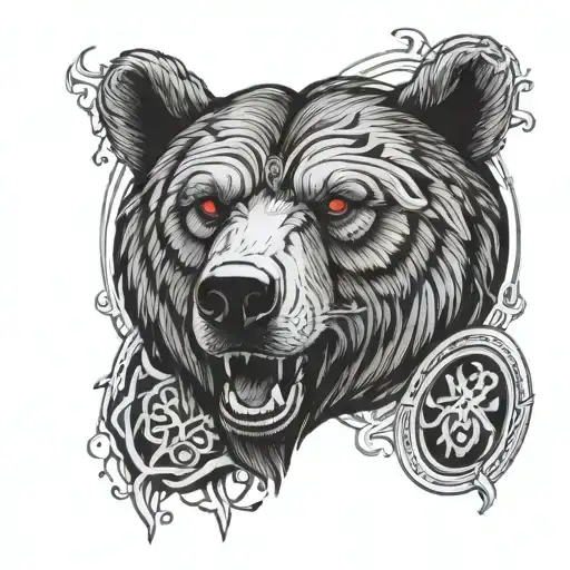 A Fierce Bear With Glowing Ruby Eyes Surrounded By Traditional Irish Symbols