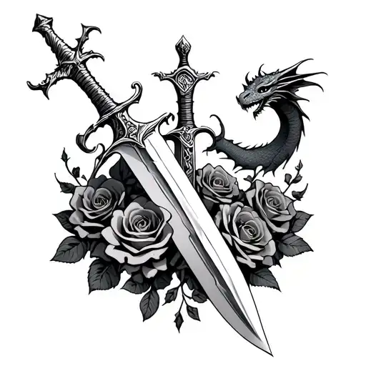 Deadric Dagger Stabbed Into A Bed Of Roses With A Dragon Flying Around The Dagger