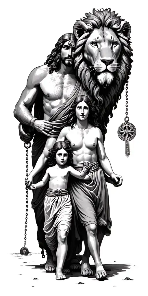Jesus Lion With A Father Mother And Son Walking Towards Beach And Wrap With A Rosary With Medallion