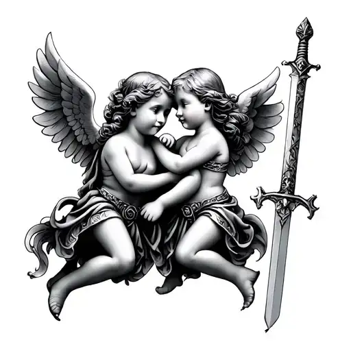 Sister And Brother Cherub With Swords