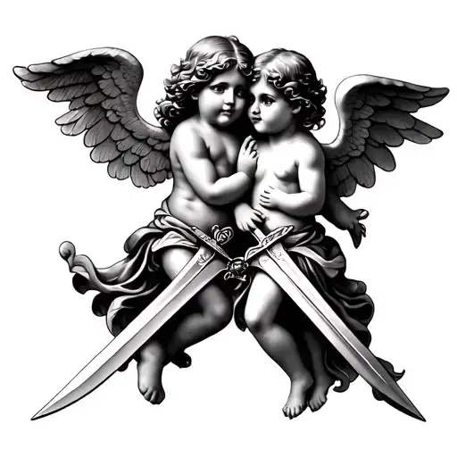 Sister And Brother Cherub With Swords Crossed