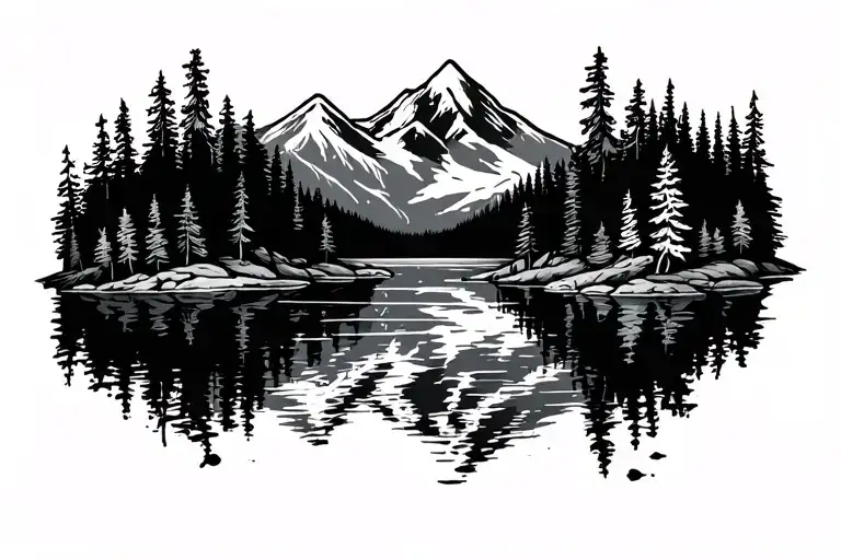 Mountain Tattoo With Lake And Hillls Of Trees