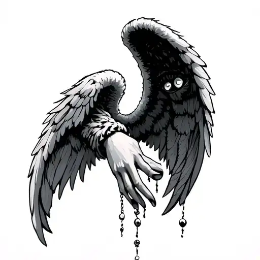 Hand With Angel Wings With Eyeballs Hanging From Finger Tips