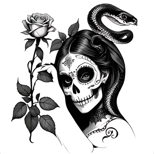 Human Catrina With Rose In Hand And Snake Arond Shoulders