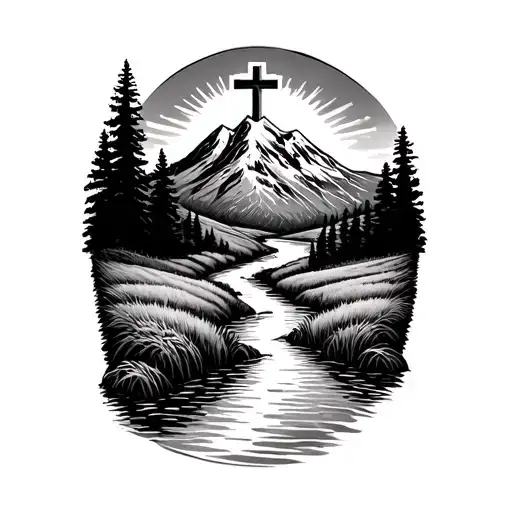 River In Field Going To A Mountain With Cross On Top Of Mountain And Sun Shining Behind It