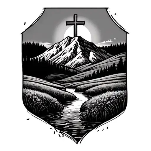 River In Field Going To A Mountain With Cross On Top Of Mountain And Sun Shining Behind It