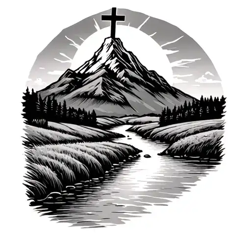 River In Field Going To A Mountain With Cross On Top Of Mountain And Sun Shining Behind It