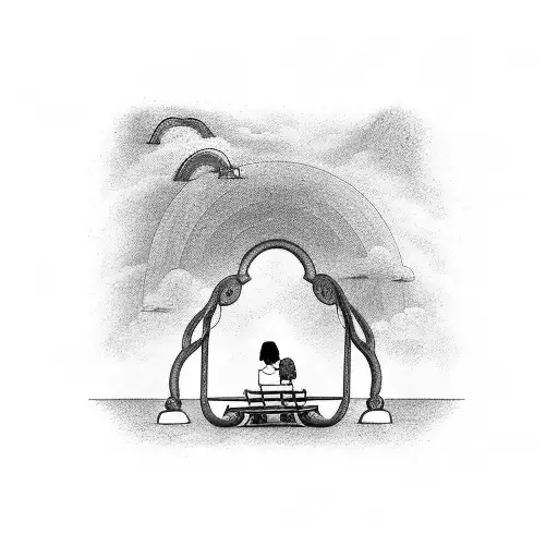 View From Behind Woman And Daughter On A Swing Under A Rainbow Over Looking A Lake