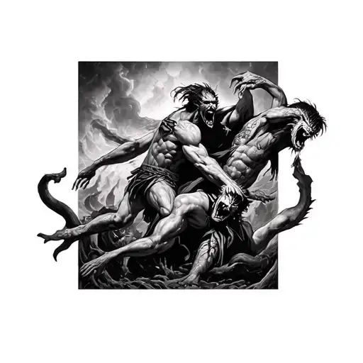 Full Male Sleeve Of Demons Pulling A Warrior Into Hell As He Tries To Escape