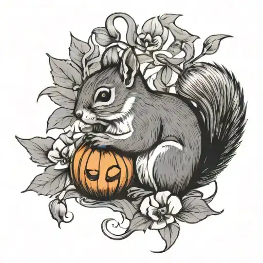 Squirrel With Pumpkin And Orchids Behind