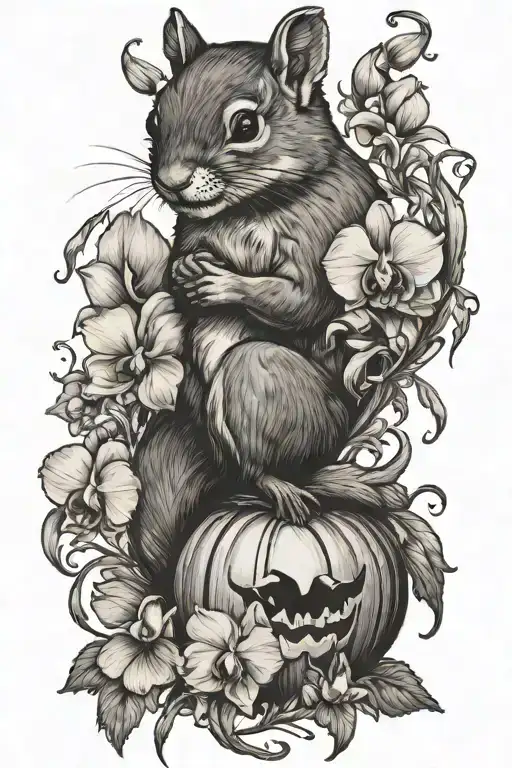 Orchids Blooming Around Squirrel With Pumpkin