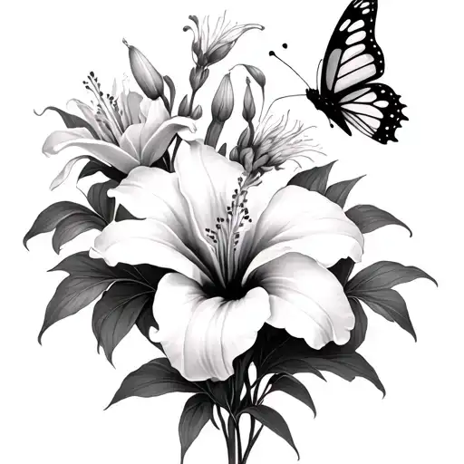 Lilies Blooming And Hibiscus Flowers With Butterflies And Something The Means Growth And Healing