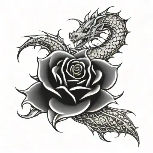 Rose With Thorns And Long Dragon Wrapping It