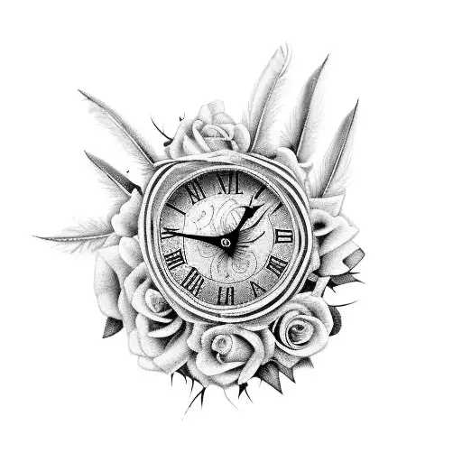 Broken Clock With Feathers And Roses