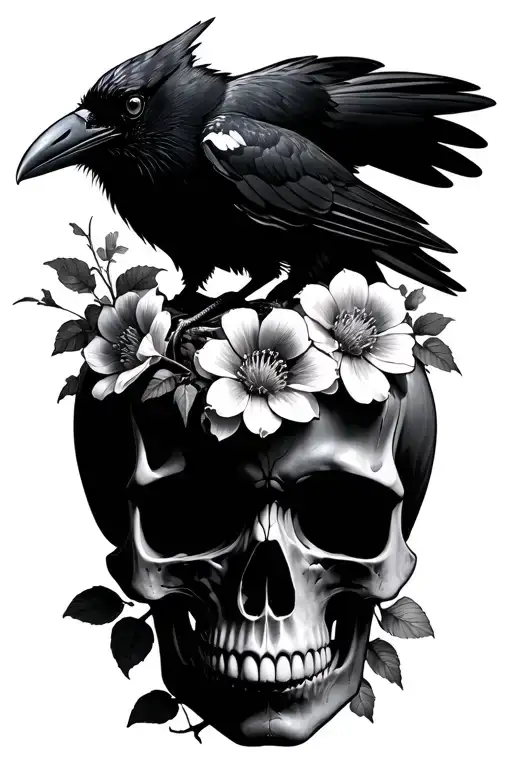 Crow On Top Of A Skull Flowers Blooming