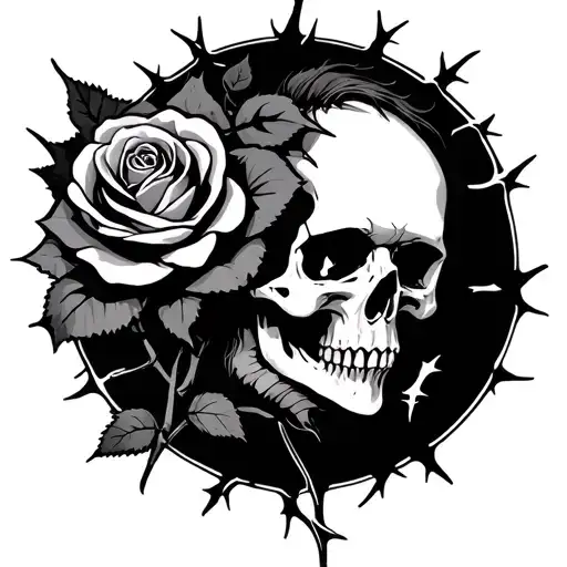 Vampire Skull With Rose Growing Out Of Eyesocket Surrounded By Thorns