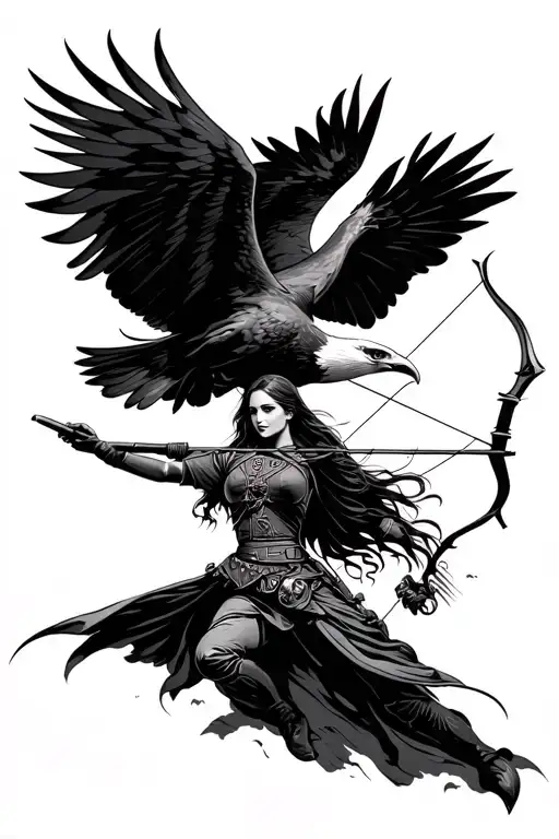 Female Archer Soldier Drawing Bow With Eagle Soaring