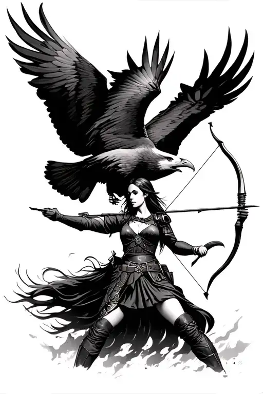 Female Archer Soldier Drawing Bow With Eagle Soaring