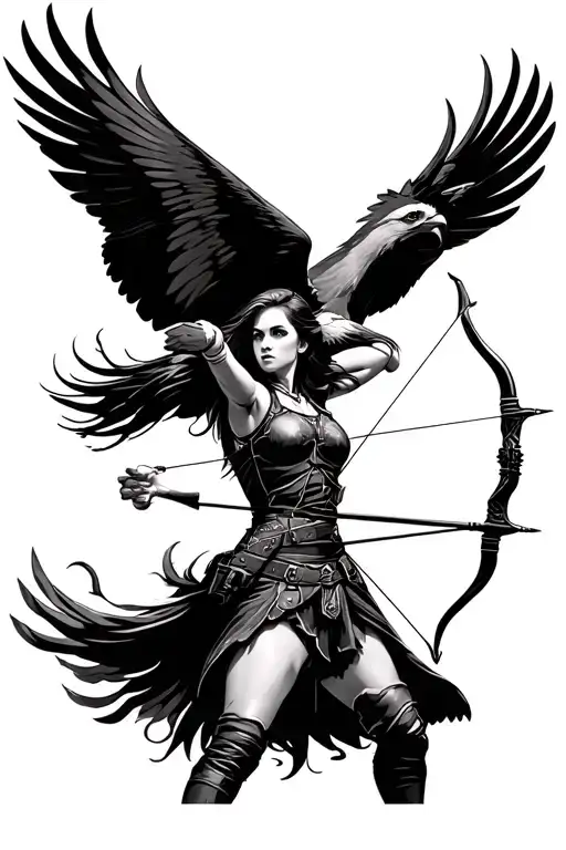 Female Archer Soldier Drawing Bow With Eagle Soaring