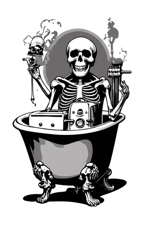 Claw Foot Tub With A Skeleton Holding A Toaster