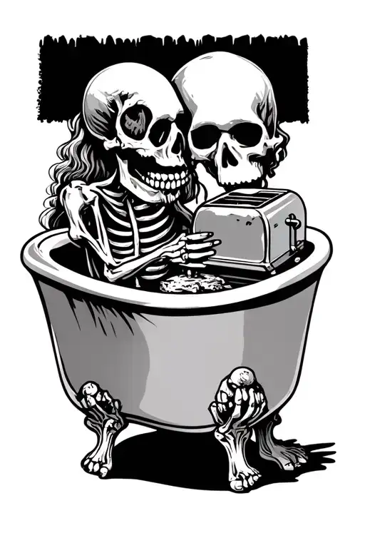 Claw Foot Tub With A Skeleton Holding A Toaster Side View